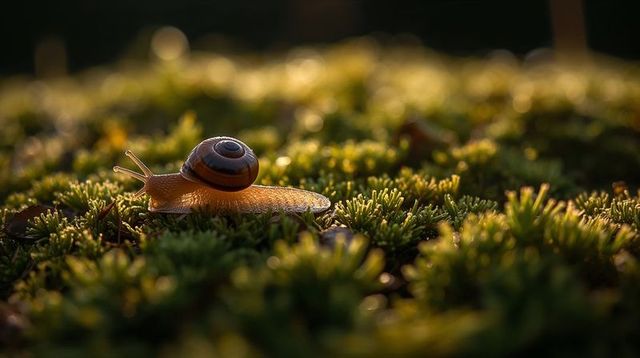 Rimlit snail crawling across moss with spiral shell and golden hour bokeh