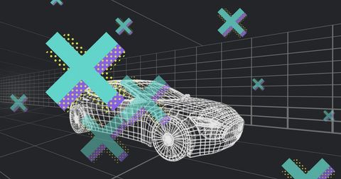 Futuristic car wireframe with geometric symbols