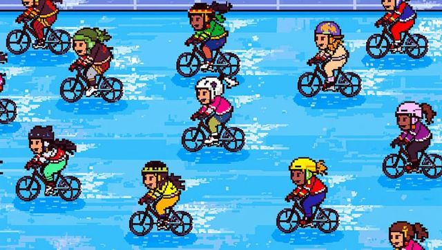 Pixel cyclists racing on retro blue track, 8-bit arcade biking scene with colorful riders