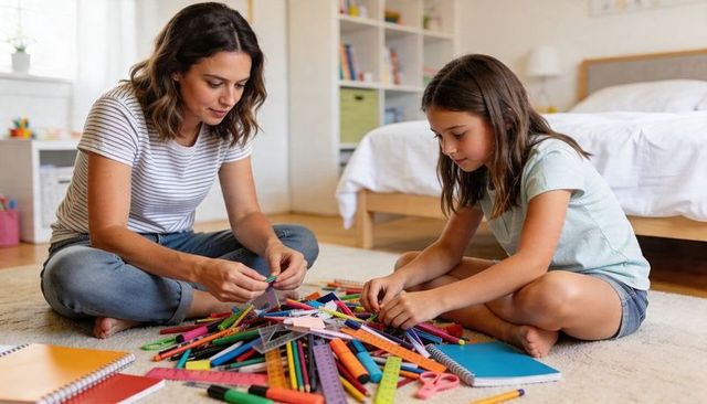 Mother and daughter sorting school supplies on bedroom rug for creative crafting
