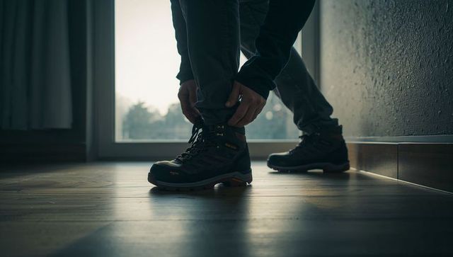 Tying hiking boots in moody backlit entryway on wooden floor preparing for outdoor hike