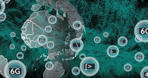Futuristic 5G and 6G Network Overlay on Digital World Map