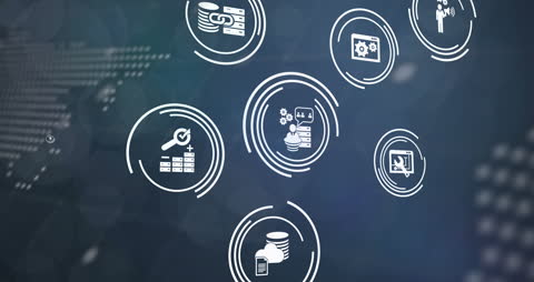 Digital Data Processing Icons on Futuristic Blue Background