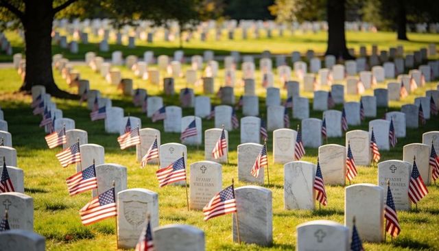American flags lining marble headstones honoring fallen soldiers in dawn military cemetery