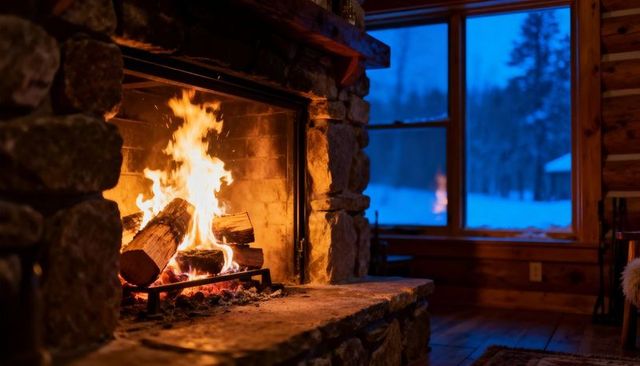 Rustic stone fireplace glowing in cozy winter cabin at blue hour with burning logs
