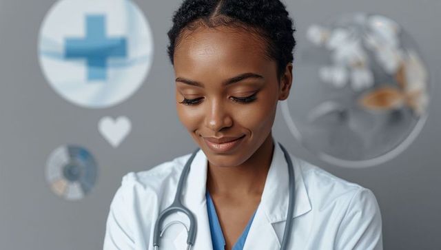 Smiling female doctor wearing white coat and stethoscope with medical icons