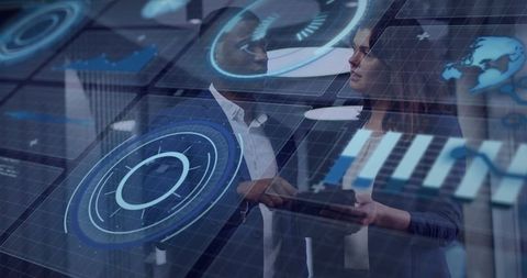 Professionals analyzing data with modern holographic innovations