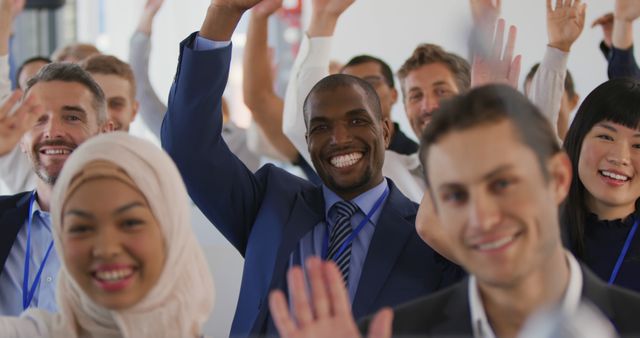 Diverse Group of Professionals Waving and Smiling at Conference - Download Free Stock Images Pikwizard.com