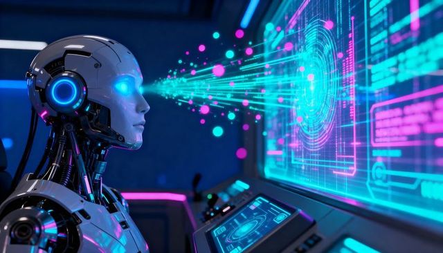 Female Humanoid Robot Scanning Holographic Interface with Neon Cyan-Magenta Data Streams