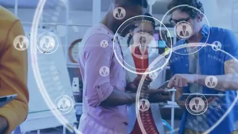 Diverse Team Collaborating with Digital Networks in Modern Office