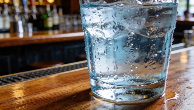 Chilled water glass showing condensation and bubbles on wooden bar countertop