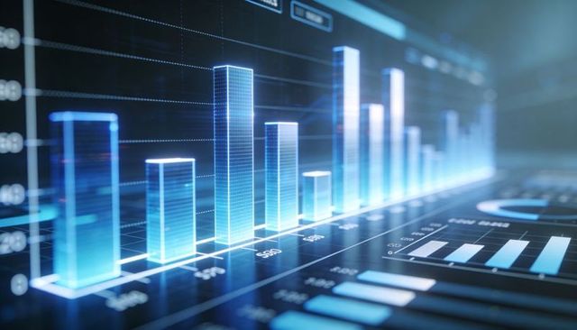 Futuristic neon 3d bar chart dashboard showing data analytics and financial growth trends