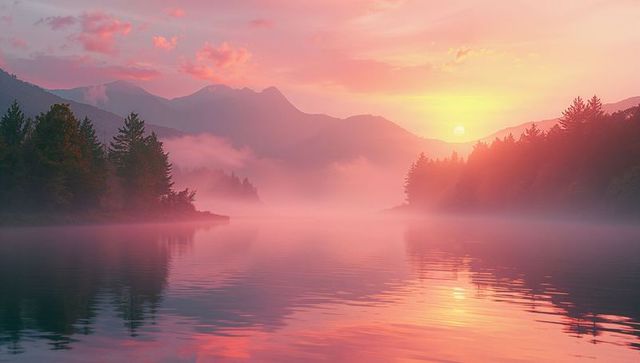Misty Sunrise Over Mountain Lake Creating Dramatic Reflections