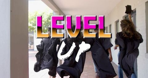 Graduates walking tossing caps down campus corridor with bold level up graphic overlay