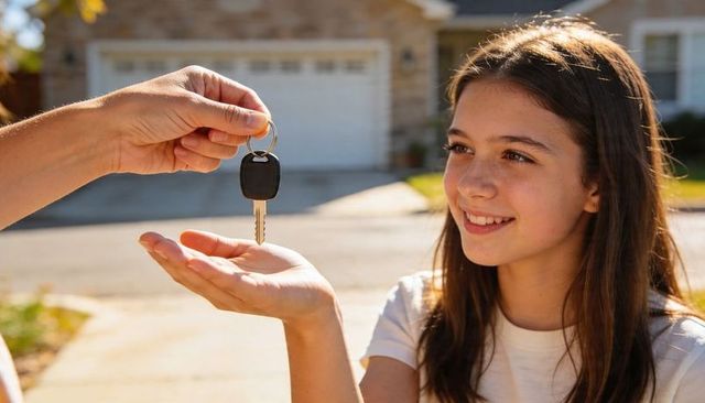 Handing car key to teen girl on sunlit suburban driveway representing new independence
