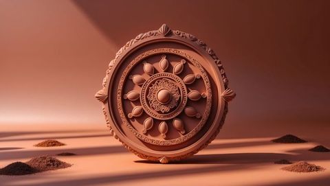 Intricate terracotta mandala ornament with symmetrical carving detail