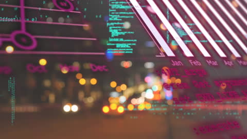 Data Processing Animation with Urban Cityscape Background