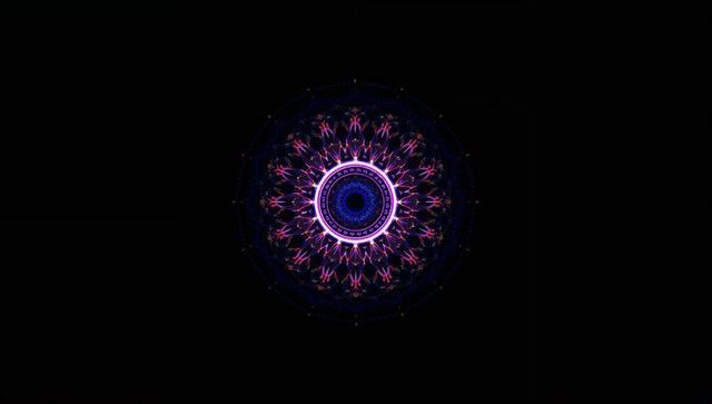 Glowing neon kaleidoscopic mandala pattern on dark background