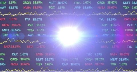 Central white flare obscuring neon stock market display, tickers and waveform analytics