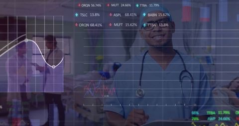 Smiling Doctor in Hospital Ward with Digital Analytics Overlay