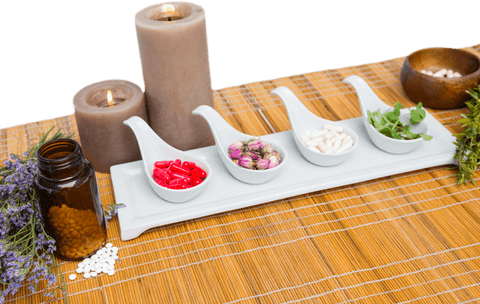 Transparent aromatherapy products with candles and herbs