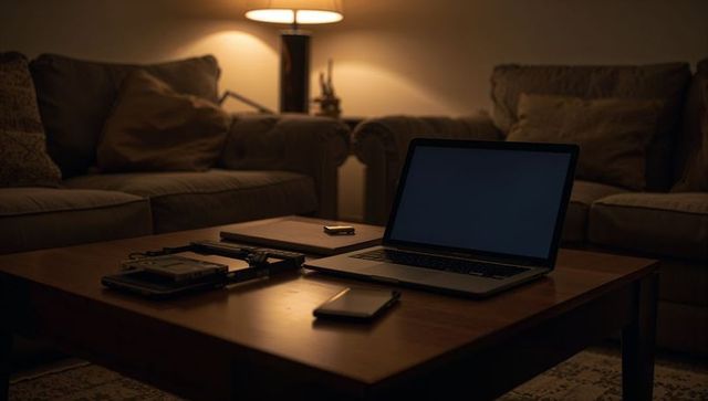 Cozy evening workspace: laptop and smartphone on wooden coffee table under warm lamp glow