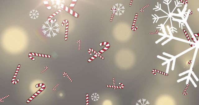 Spreading holiday cheer, this festive Christmas background features candy canes and snowflakes falling over a soft beige background with lights. Ideal for creating holiday-themed greeting cards, festive party invitations, decorative wraps, and digital announcements. Perfect for seasonal campaigns, social media posts, or advertisements conveying festive atmosphere and holiday spirit.