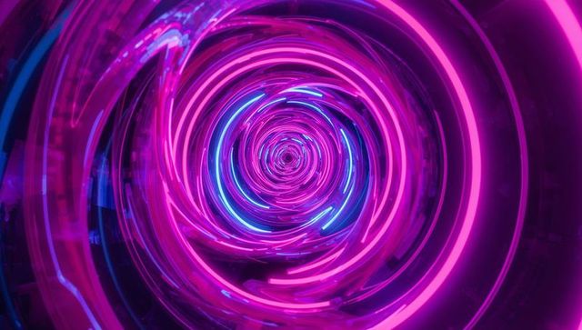 Futuristic neon spiral tunnel with glowing rings