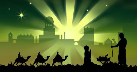 Three wise men silhouette cityscape with nativity scene