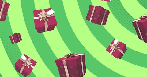 Falling christmas gifts on green background illustration