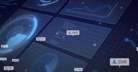 Futuristic Digital Dashboard Showing User Count Metrics, Radar Gauge and Data Visualization