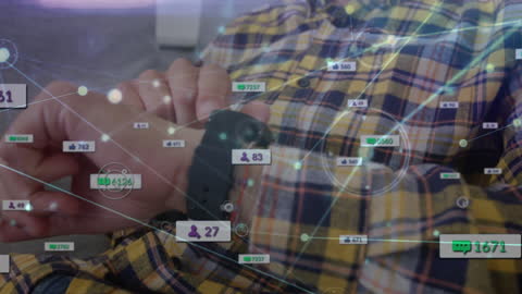 Man Using Smartwatch Amidst Digital Connection Interface