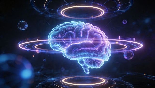 Holographic brain with neon neural network rings rotating in futuristic data space