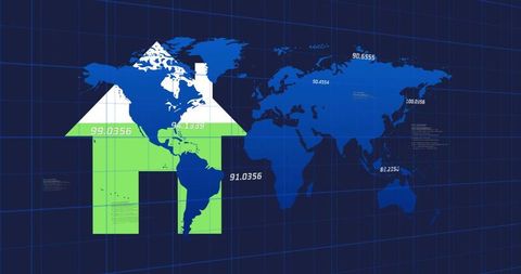 Green House Celebrating Global Positive Economic Trends on Digital Map
