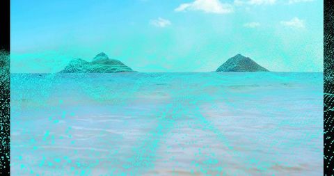 Futuristic seascape with digital grid and distant islands