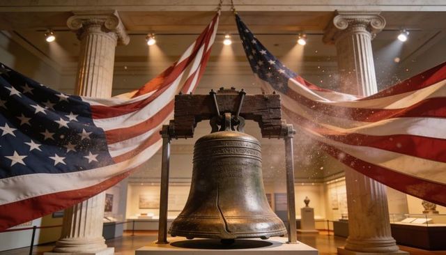 Historic liberty bell on yoke in museum gallery with billowing american flags and columns