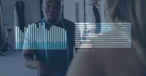 Fitness Progress Discussion with Graph Overlay in Gym
