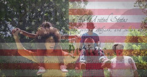 Happy Family Celebrating Patriotic Spirit with American Flag Overlay