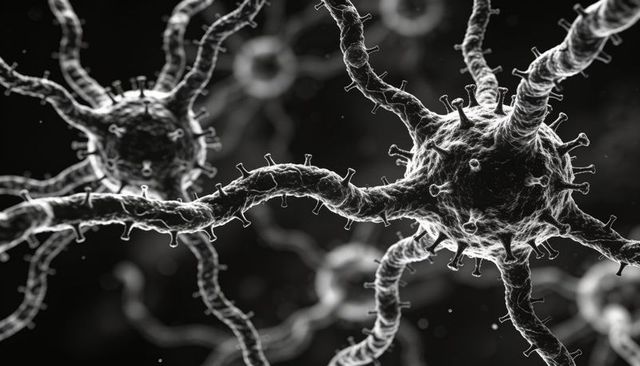 Neurons branching and connecting in monochrome close-up micrograph with synapse detail
