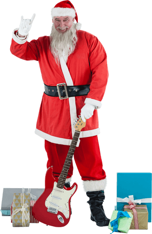 Santa Claus Rocking with Guitar and Gifts on Transparent Background