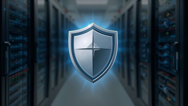 Futuristic metallic shield guarding server racks with glowing cyan cybersecurity emblem