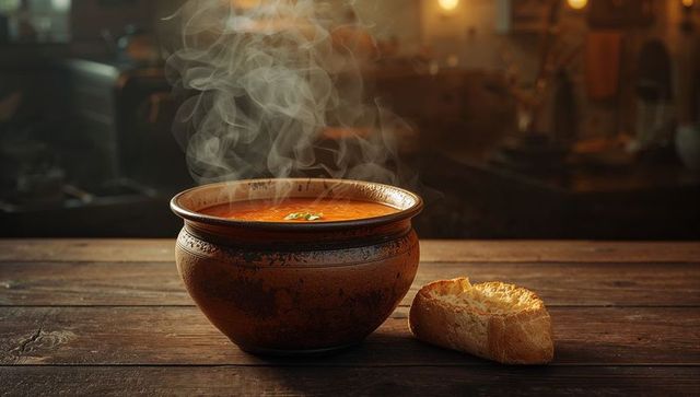 Steaming Bowl of Soup in Rustic Kitchen Setting