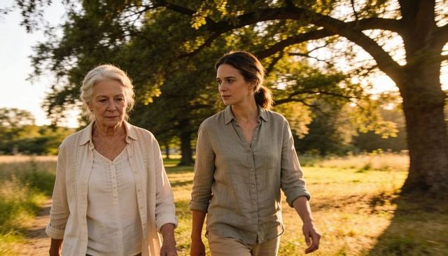 Mother and adult daughter walking together in sunlit meadow sharing quiet conversation