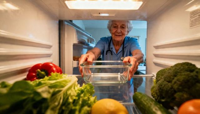 Senior nurse placing glass container into fridge surrounded by fresh vegetables