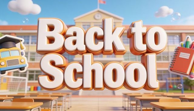3d back to school lettering in sunny school courtyard showing desks, bus, notebook