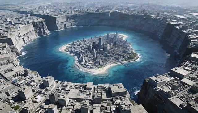Futuristic island metropolis rising inside circular flooded basin with cliff walls