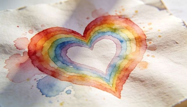Sunlit rainbow heart watercolor on rough paper with concentric rings and paint splatters