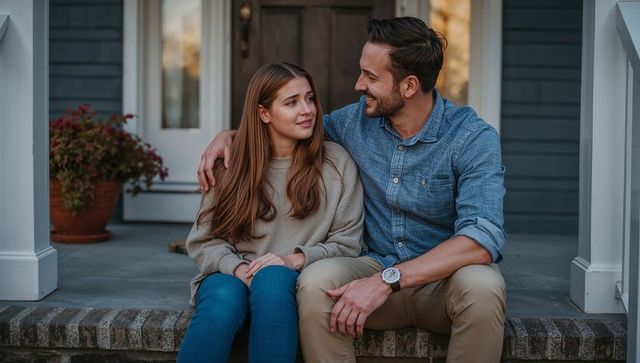 Father and Daughter Sharing Meaningful Moment on Front Porch Steps