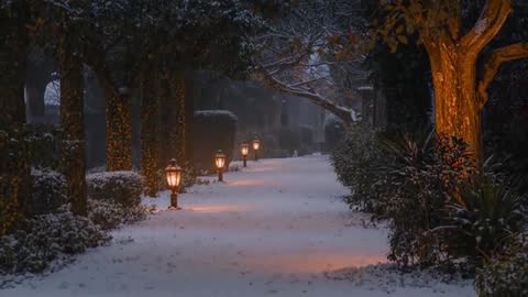 Lantern-Lit Snowy Garden Pathway at Twilight, Lamps Guiding Through Falling Snow