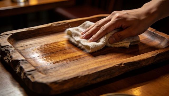 Right hand wiping carved wooden rustic tray with terry cloth restoring oil sheen warm glow
